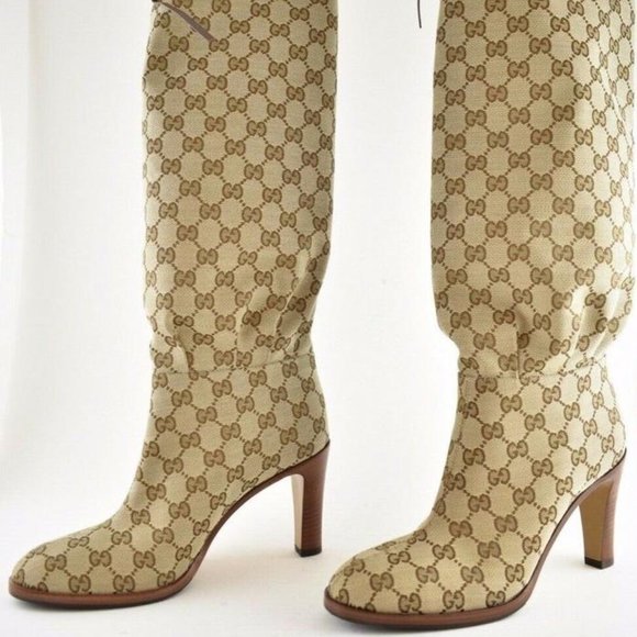 [Sold] Beige GG Canvas Mid-Heel Boots - Picture 4 of 5